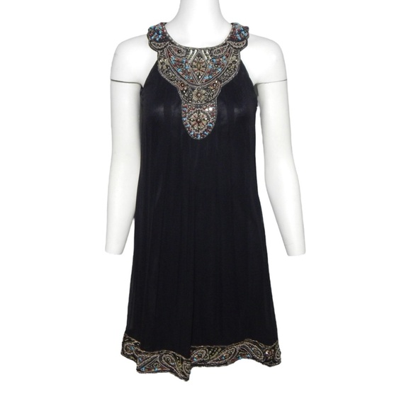 Sue Wong Nocturne Beaded Embellished Cocktail Mini Dress Black Silk Shift Size 0 - Picture 1 of 7